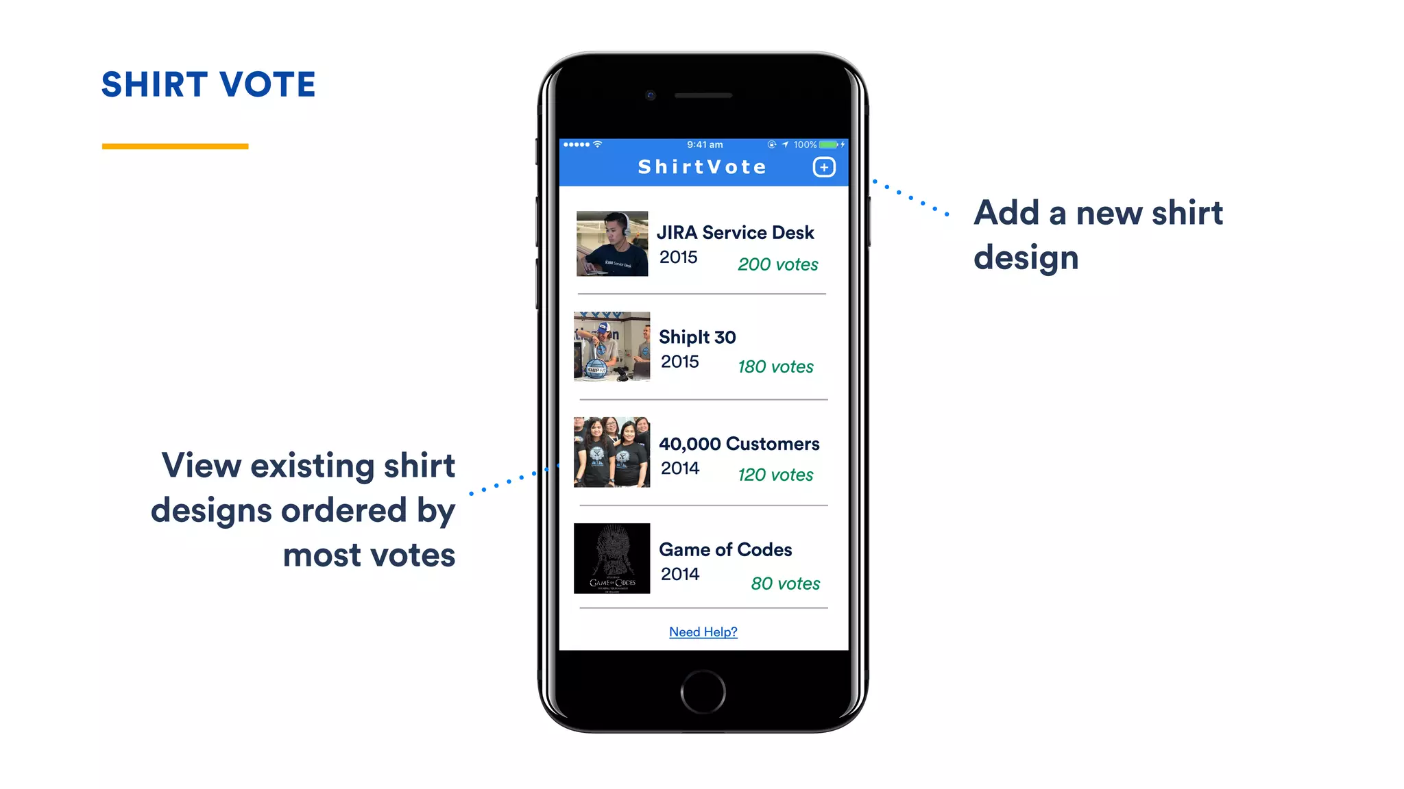 SHIRT VOTE
Add a new shirt
design
View existing shirt
designs ordered by
most votes
JIRA Service Desk
2015
ShipIt 30
2015
40,000 Customers
2014
Game of Codes
2014
200 votes
180 votes
120 votes
80 votes
Need Help?
 