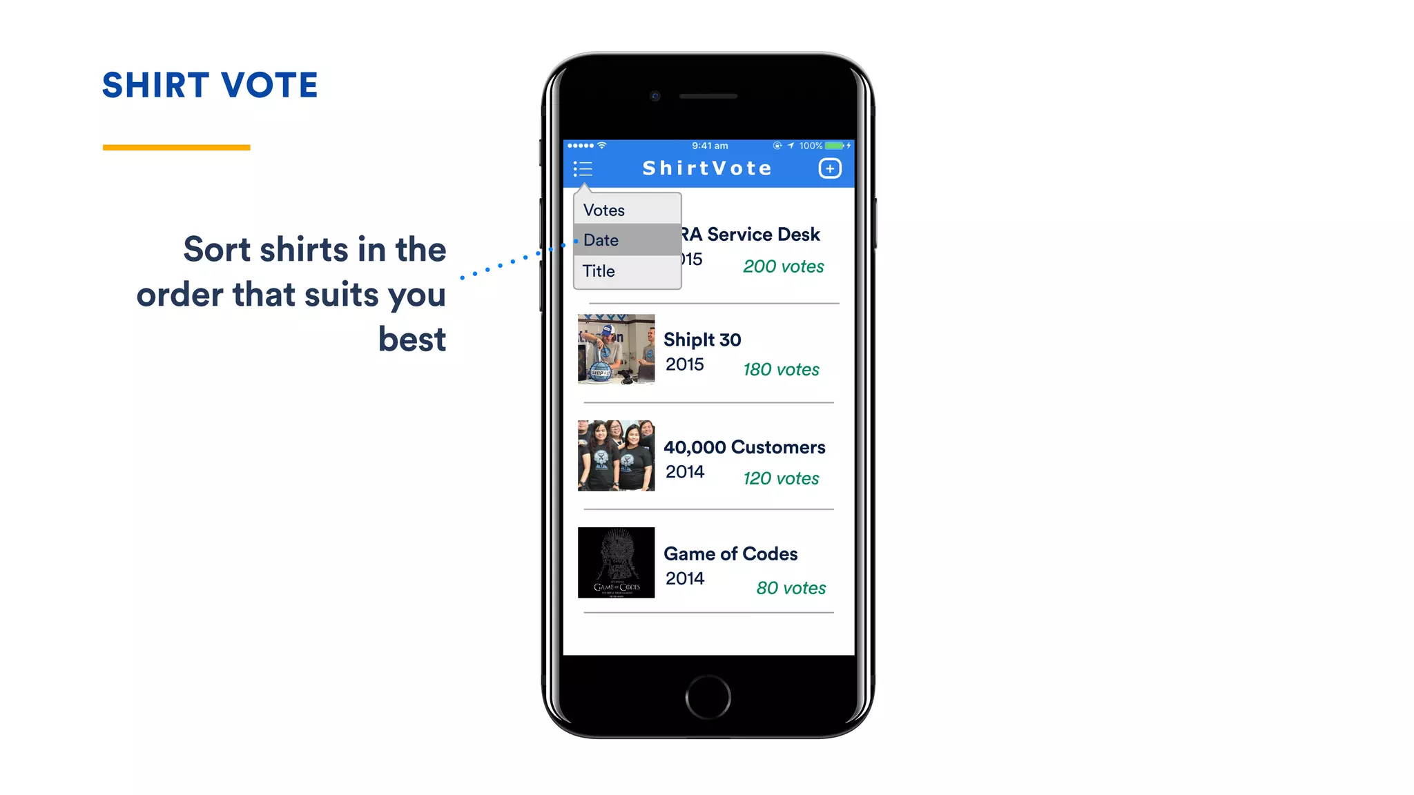 SHIRT VOTE
JIRA Service Desk
2015
ShipIt 30
2015
40,000 Customers
2014
Game of Codes
2014
200 votes
180 votes
120 votes
80 votes
Votes
Title
Date
Sort shirts in the
order that suits you
best
 