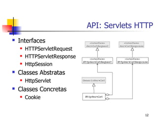 API: Servlets HTTP
   Interfaces
       HTTPServletRequest
       HTTPServletResponse
       HttpSession
   Classes Abstratas
       HttpServlet
   Classes Concretas
       Cookie


                                             12
 