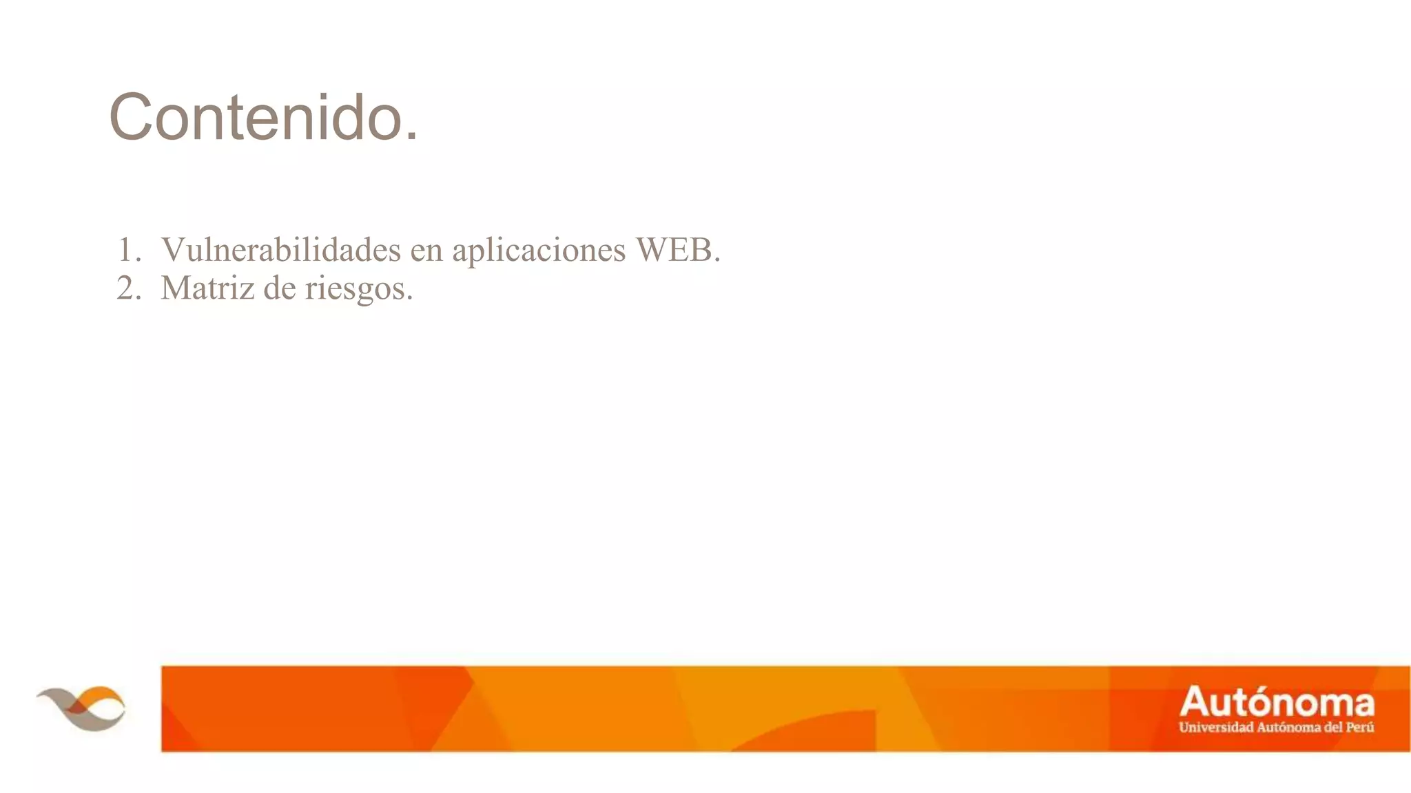 Contenido.
1. Vulnerabilidades en aplicaciones WEB.
2. Matriz de riesgos.
 