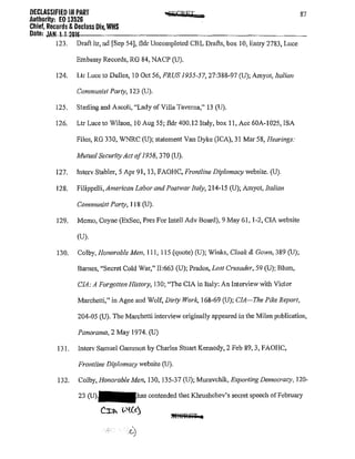 DECLASSIFIED IN PART
Authority: EO 13526
Chief, Records &Declass Div, WHS
87
Date: JAI>W<-'-'-----------------------
123. Draft llr, nd [Sep 54], !ldr Uncompleted CBL Drafts, box 10, Entry 2783, Luce
Embassy Records, RG 84, NACP (U).
124. Ltr Lllce to Dulles, 10 Oct 56, FRUS 1955-57,27:388-97 (U); Amyot, Italian
Communist Party, 123 (U).
125. Sterling and Ascoli, "Lady of Villa Taverna," 13 (U).
126. Ltr Luce to Wilson, 10 Aug 55; fldr 400.12ltaly, box 11, Ace 60A-1025, !SA
Files, RG 330, WNRC (U); statement Van Dyke (ICA), 31 Mar 58, Hearings:
Mutual Security Act of1958, 370 (U).
127. lnterv Stabler, 5 Apr 91, 13, FAOHC, Frontline Diplomacy website. (U).
128. Filippelli, American Labor and Postwar Italy, 214-15 (U); Amyot, Italian
Communist Party, I I8 (U).
129. Memo, Coyne (ExSec, Pres For Intell Adv Board), 9 May 61, 1-2, CIA website
(U).
130. Colby, Honorable Men, Ill, 115 (quote) (U); Winks, Cloak & Gown, 389 (U);
Barnes, "Secret Cold War," 11:663 (U); Prados, Lost Crusader, 59 (U); Blum,
CIA: A Forgotten History, 130; "The CIA in Italy: An Interview with Victor
Marchetti," in Agee and Wolf, Dirty Work, 168-69 (U); CIA-The Pike Report,
204-05 (U). The Marchetti interview originally appeared in the Milan publication,
Panorama, 2 May 1974. (U)
131. Interv Samuel Gammon by Charles Stuart Kennedy, 2 Feb 89, 3, FAOHC,
Frontline Diplomacy website (U).
132. Colby, Honorable Men, 130, 135-37 (U); Muravchik, Exporting Democracy, 120-
23 contended that Khrushchev's secret speech of February
,(;
 