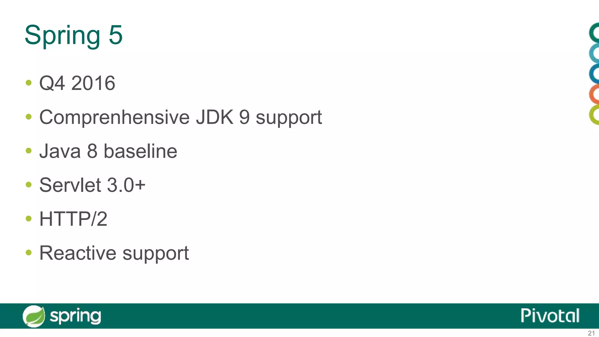 21
Spring 5
 Q4 2016
 Comprenhensive JDK 9 support
 Java 8 baseline
 Servlet 3.0+
 HTTP/2
 Reactive support
 