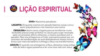 LIÇÃO ESPIRITUAL
OVO= Nascemos pecadores
LAGARTA= Enquanto vivemos em pecado fazemos coisas ruins e
assim prejudicamos a nós mesmos e aos outros
CRISÁLIDA= Assim como a lagarta para se transformar numa
borboleta precisa antes se fechar no casulo para surgir renovada
após um processo difícil e doloroso, o mesmo acontece com o
pecador. Para nos achegarmos a Cristo, precisamos passar por um
processo de transformação ao qual abandonamos nossos vícios e
erros e por meio do batismo e entrega a Deus nos transformamos.
ADULTA= E quando nos entregamos a Deus, deixamos nossa antiga
vida de lado e agora passamos a ter uma nova vida com Jesus
 