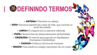 DEFININDO TERMOS
• ANTENA= Filamento na cabeça
• OVO= Estrutura expelida do corpo da mãe, que consiste no
óvulo fecundado
• LARVA= É a lagarta lisa ou taturana cabeluda
• PUPA= Terceira fase do desenvolvimento da borboleta
• CRISÁLIDA= O mesmo que pupa de um lepidóptero
(mariposas e borboletas)
• CASULO= Invólucro da larva da mariposa
• IMAGO= Fase adulta ou estágio reprodutor de um inseto
 