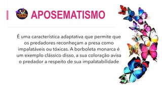 APOSEMATISMO
É uma característica adaptativa que permite que
os predadores reconheçam a presa como
impalatáveis ou tóxicas. A borboleta monarca é
um exemplo clássico disso, a sua coloração avisa
o predador a respeito de sua impalatabilidade
 