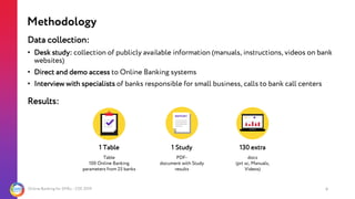 Online Banking for SMEs - CEE 2019 9
Data collection:
• Desk study: collection of publicly available information (manuals,...