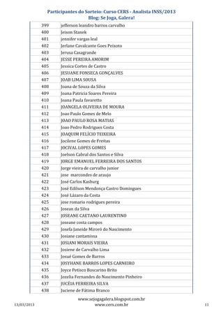 Participantes do Sorteio: Curso CERS - Analista INSS/2013
                                 Blog: Se Joga, Galera!
             399     jefferson leandro barros carvalho
             400     Jeison Stanek
             401     jennifer vargas leal
             402     Jerlane Cavalcante Goes Peixoto
             403     Jerusa Casagrande
             404     JESSE PEREIRA AMORIM
             405     Jessica Cortes de Castro
             406     JESUANE FONSECA GONÇALVES
             407     JOAB LIMA SOUSA
             408     Joana de Souza da Silva
             409     Joana Patricia Soares Pereira
             410     Joana Paula favaretto
             411     JOANGELA OLIVEIRA DE MOURA
             412     Joao Paulo Gomes de Melo
             413     JOAO PAULO ROSA MATIAS
             414     Joao Pedro Rodrigues Costa
             415     JOAQUIM FELÍCIO TEIXEIRA
             416     Jocilene Gomes de Freitas
             417     JOCIVAL LOPES GOMES
             418     Joelson Cabral dos Santos e Silva
             419     JORGE EMANUEL FERREIRA DOS SANTOS
             420     Jorge vieira de carvalho junior
             421     jose marcondes de araujo
             422     José Carlos Kasburg
             423     José Edilson Mendonça Castro Domingues
             424     José Lázaro da Costa
             425     jose romario rodrigues pereira
             426     Josean da Silva
             427     JOSEANE CAETANO LAURENTINO
             428     joseane costa campos
             429     Josefa Janeide Miroró do Nascimento
             430     Josiane cantamissa
             431     JOSIANI MORAIS VIEIRA
             432     Josiene de Carvalho Lima
             433     Josué Gomes de Barros
             434     JOSYHANE BARROS LOPES CARNEIRO
             435     Joyce Petisco Boscarino Brito
             436     Jozelia Fernandes do Nascimento Pinheiro
             437     JUCÉIA FERREIRA SILVA
             438     Juciene de Fátima Branco
                              www.sejogagalera.blogspot.com.br
13/03/2013                           www.cers.com.br                       11
 