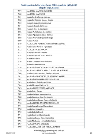Participantes do Sorteio: Curso CERS - Analista INSS/2013
                                 Blog: Se Joga, Galera!
             559     MARCELA MACEDO BARRETO
             560     MARCELA MACHADO
             561     marcelle da silveira almeida
             562     Marcelle Moreira Santos Souza
             563     marcelo augusto sousa paiva
             564     Marcelo Borela de Souza
             565     Marcelo Jose G. Grangeiro
             566     Márcia A. Antunes dos Santos
             567     Márcia Aparecida Sales Bormeo
             568     Márcia Mayumi Niyama Hiraga
             569     Marcia Nakai
             570     MARCILENE PEREIRA PINHEIRO THEODORO
             571     Márcio José Moraes Figueredo
             572     MARCOS SODRÉ ROCHA
             573     Marcus Vinícius Galbetti
             574     Marcus Vinícius Viana Alencar
             575     Mari Klein Saito
             576     Maria Laressa Costa de Paiva
             577     maria alzira carmelim
             578     MARIA ANGELICA VIEIRA DA SILVA BUENO
             579     MARIA APARECIDA RAFAEL DA SILVA ALECRIM
             580     maria cristina antonia da silva oliveira
             581     MARIA DA CONCEICAO DE AZEVEDO SOARES
             582     MARIA DO SOCORRO ALVES DA SILVA
             583     Maria Edna de Oliveira Lima
             584     Maria Elianete Freire e Sá
             585     MARIA ELIENE OMES ANDRADE
             586     Maria Ester Farah
             587     maria gildilene sousa pereira
             588     Maria Graciane Lau Cavalcante
             589     Maria Ilcione Braga Chaves Holanda
             590     MARIA ISABEL ANDRADE MEIRELLES
             591     Maria Joana Gomes Numeriano
             592     maria jose nogueira
             593     Maria Letícia Guari
             594     Maria Luciene Alves Araujo
             595     maria madalena filgueira santos
             596     Maria Madalena Miranda Linhares
             597     MARIA ROSANA BARRETO
             598     MARIA SOLANGE DOS REIS CARVALHO
                              www.sejogagalera.blogspot.com.br
13/03/2013                           www.cers.com.br                       15
 