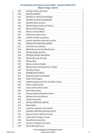 Participantes do Sorteio: Curso CERS - Analista INSS/2013
                                 Blog: Se Joga, Galera!
             639     michele oliveira de moura
             640     MICHELI KIRSCH
             641     MICHELLE COSTA DE OLIVEIRA
             642     MICHELLE DA SILVA MARTINS
             643     Michelle Helen da Silva
             644     Michelle Maria Cunha de Oliveira
             645     Milana Vidal Zamagno
             646     Milene Cardoso Milani
             647     milka leisa santos sousa
             648     mirelle carvalho mendonça
             649     miriam argentina samorano da silva
             650     MIRIAN SILVEIRA DOS SANTOS
             651     mirla flores de almeida
             652     Mirla Oliveira de Carvalho Barreto
             653     Miscley Regina da Silva
             654     MITHER GUEDES MAGANHA
             655     Moizes Miranda Almeida
             656     Mônica Blos
             657     Mônica do Rocio Stadler
             658     Mönica Elvira do Nascimento Guedes
             659     Moniely Campos
             660     MONIKE SILVA MELO
             661     Nadia Fernanda Cristofoletti
             662     Nadia Tiemi Sugeta
             663     nagibete gongora pereira da jardim europa
             664     Naiara Lisboa Santos
             665     naiara sirilo vitória araújo
             666     Nair Costa Gomes
             667     Nairana Roberta Mendonca Pinto
             668     Nalimar Freire de Oliveira
             669     natalei Fernandes
             670     NATALI BURI DOS SANTOS
             671     Nátali Kuhn
             672     nataniele capobianco de oliveira
             673     NAYARA CRISTINA DIAS DAS SILVA
             674     Nayara Ferreira Barbosa Freitas
             675     nayla roberta migues canato
             676     Neucidalva Araujo Dias
             677     neuracy rodrigues dos santos
             678     Nicole Resende Souza
                              www.sejogagalera.blogspot.com.br
13/03/2013                           www.cers.com.br                       17
 