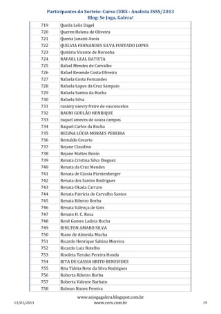 Participantes do Sorteio: Curso CERS - Analista INSS/2013
                                 Blog: Se Joga, Galera!
             719     Queila Lelis Dagel
             720     Queren Helena de Oliveira
             721     Quezia Janaini Azoia
             722     QUILVIA FERNANDES SILVA FURTADO LOPES
             723     Quitéria Vicente de Noronha
             724     RAFAEL LEAL BATISTA
             725     Rafael Mendes de Carvalho
             726     Rafael Resende Costa Oliveira
             727     Rafaela Costa Fernandes
             728     Rafaela Lopes da Cruz Sampaio
             729     Rafaela Santos da Rocha
             730     Rafaela Silva
             731     raniery nievry freire de vasconcelos
             732     RAONI GOULÃO HENRIQUE
             733     raquel ameces de souza campos
             734     Raquel Carlos da Rocha
             735     REGINA LÚCIA MORAES PEREIRA
             736     Reinaldo Cesario
             737     Rejane Claudino
             738     Rejane Mattes Bonin
             739     Renata Cristina Silva Dieguez
             740     Renata da Cruz Mendes
             741     Renata de Cássia Fürstenberger
             742     Renata dos Santos Rodrigues
             743     Renata Okada Carraro
             744     Renata Patrícia de Carvalho Santos
             745     Renata Ribeiro Borba
             746     Renata Valença de Gois
             747     Renato H. C. Rosa
             748     Renê Gomes Ladeia Rocha
             749     RHILTON AMARO SILVA
             750     Riane de Almeida Mucha
             751     Ricardo Henrique Sabino Moreira
             752     Ricardo Luiz Botelho
             753     Risoleta Teruko Pereira Honda
             754     RITA DE CASSIA BRITO BENEVIDES
             755     Rita Tábita Neto da Silva Rodrigues
             756     Roberta Ribeiro Borba
             757     Roberta Valente Barbato
             758     Robson Nunes Pereira
                              www.sejogagalera.blogspot.com.br
13/03/2013                           www.cers.com.br                       19
 