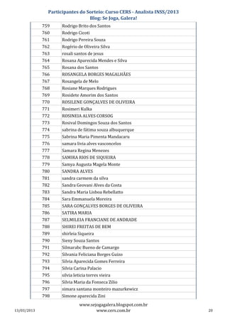 Participantes do Sorteio: Curso CERS - Analista INSS/2013
                                 Blog: Se Joga, Galera!
             759     Rodrigo Brito dos Santos
             760     Rodrigo Cicoti
             761     Rodrigo Pereira Souza
             762     Rogério de Oliveira Silva
             763     rosali santos de jesus
             764     Rosana Aparecida Mendes e Silva
             765     Rosana dos Santos
             766     ROSANGELA BORGES MAGALHÃES
             767     Rosangela de Melo
             768     Rosiane Marques Rodrigues
             769     Rosidete Amorim dos Santos
             770     ROSILENE GONÇALVES DE OLIVEIRA
             771     Rosimeri Kulka
             772     ROSINEIA ALVES CORSOG
             773     Rosival Domingos Souza dos Santos
             774     sabrina de fátima souza albuquerque
             775     Sabrina Maria Pimenta Mandacaru
             776     samara livia alves vasconcelos
             777     Samara Regina Menezes
             778     SAMIRA RIOS DE SIQUEIRA
             779     Samya Augusta Magela Monte
             780     SANDRA ALVES
             781     sandra carmem da silva
             782     Sandra Geovani Alves da Costa
             783     Sandra Maria Lisboa Rebellatto
             784     Sara Emmanuela Moreira
             785     SARA GONÇALVES BORGES DE OLIVEIRA
             786     SATIRA MARIA
             787     SELMILEIA FRANCIANE DE ANDRADE
             788     SHIREI FREITAS DE BEM
             789     shirleia Siqueira
             790     Sieny Souza Santos
             791     Silmarabc Bueno de Camargo
             792     Silvania Feliciana Borges Guizo
             793     Silvia Aparecida Gomes Ferreira
             794     Silvia Carina Palacio
             795     silvia leticia torres vieira
             796     Silvia Maria da Fonseca Zilio
             797     simara santana monteiro mazurkewicz
             798     Simone aparecida Zini
                               www.sejogagalera.blogspot.com.br
13/03/2013                            www.cers.com.br                      20
 