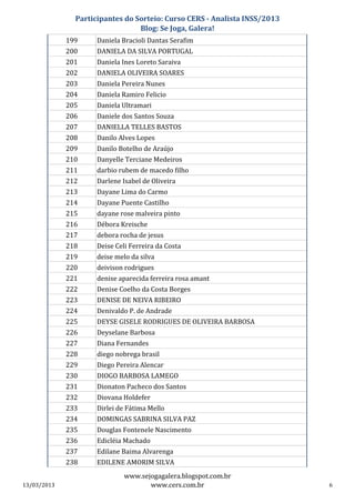 Participantes do Sorteio: Curso CERS - Analista INSS/2013
                                 Blog: Se Joga, Galera!
             199     Daniela Bracioli Dantas Serafim
             200     DANIELA DA SILVA PORTUGAL
             201     Daniela Ines Loreto Saraiva
             202     DANIELA OLIVEIRA SOARES
             203     Daniela Pereira Nunes
             204     Daniela Ramiro Felicio
             205     Daniela Ultramari
             206     Daniele dos Santos Souza
             207     DANIELLA TELLES BASTOS
             208     Danilo Alves Lopes
             209     Danilo Botelho de Araújo
             210     Danyelle Terciane Medeiros
             211     darbio rubem de macedo filho
             212     Darlene Isabel de Oliveira
             213     Dayane Lima do Carmo
             214     Dayane Puente Castilho
             215     dayane rose malveira pinto
             216     Débora Kreische
             217     debora rocha de jesus
             218     Deise Celi Ferreira da Costa
             219     deise melo da silva
             220     deivison rodrigues
             221     denise aparecida ferreira rosa amant
             222     Denise Coelho da Costa Borges
             223     DENISE DE NEIVA RIBEIRO
             224     Denivaldo P. de Andrade
             225     DEYSE GISELE RODRIGUES DE OLIVEIRA BARBOSA
             226     Deyselane Barbosa
             227     Diana Fernandes
             228     diego nobrega brasil
             229     Diego Pereira Alencar
             230     DIOGO BARBOSA LAMEGO
             231     Dionaton Pacheco dos Santos
             232     Diovana Holdefer
             233     Dirlei de Fátima Mello
             234     DOMINGAS SABRINA SILVA PAZ
             235     Douglas Fontenele Nascimento
             236     Edicléia Machado
             237     Edilane Baima Alvarenga
             238     EDILENE AMORIM SILVA
                              www.sejogagalera.blogspot.com.br
13/03/2013                           www.cers.com.br                       6
 