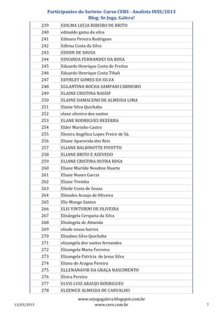 Participantes do Sorteio: Curso CERS - Analista INSS/2013
                                 Blog: Se Joga, Galera!
             239     EDILMA LECIA RIBEIRO DE BRITO
             240     edinaldo gama da silva
             241     Edinara Pereira Rodrigues
             242     Edlena Costa da Silva
             243     EDSON DE SOUSA
             244     EDUARDA FERNANDES DA ROSA
             245     Eduardo Henrique Costa de Freitas
             246     Eduardo Henrique Costa Tibali
             247     EDYRLEY GOMES DA SILVA
             248     EGLANTINA ROCHA SAMPAIO CARNEIRO
             249     ELAINE CRISTINA NASSIF
             250     ELAINE DAMACENO DE ALMEIDA LIMA
             251     Elaine Silva Quichaba
             252     elane oliveira dos santos
             253     ELANE RODRIGUES BEZERRA
             254     Elder Marinho Castro
             255     Elenira Angélica Lopes Freire de Sá.
             256     Eliane Aparecida dos Reis
             257     ELIANE BALBINOTTE PIVOTTO
             258     ELIANE BRITO E AZEVEDO
             259     ELIANE CRISTINA DUTRA ROSA
             260     Eliane Marilde Neodine Duarte
             261     Eliane Nunes Garcia
             262     Eliane Tremba
             263     Elíede Costa de Souza
             264     Elinedes Araujo de Oliveira
             265     Elis Mungo Santos
             266     ELIS VINTURINI DE OLIVEIRA
             267     Elisângela Cerqueia da Silva
             268     Elisângela de Almeida
             269     eliude sousa barros
             270     Elizabeu Silva Quichaba
             271     elizangela dos santos fernandes
             272     Elizangela Maria Ferreira
             273     Elizangela Patrícia de Jesus Silva
             274     Elizeu de Aragoa Pereira
             275     ELLENANAVIR DA GRAÇA NASCIMENTO
             276     Elvira Pereira
             277     ELVIS LUIZ ARAUJO RODRIGUES
             278     ELZENICE ALMEIDA DE CARVALHO
                              www.sejogagalera.blogspot.com.br
13/03/2013                           www.cers.com.br                       7
 