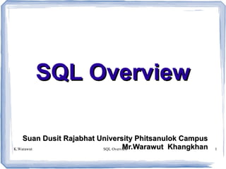 K.Warawut SQL Overview 1
SQL OverviewSQL Overview
Suan Dusit Rajabhat University Phitsanulok CampusSuan Dusit Rajabhat University Phitsanulok Campus
Mr.Warawut KhangkhanMr.Warawut Khangkhan
 