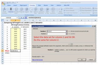 The mean is a measure of the central tendency
of a set of data.
Table 1: Raw measurements of bill
length in A. colubris and C. latirostris.
Bill length (±0.1mm)
n A. colubris C. latirostris
1 13.0 17.0
2 14.0 18.0
3 15.0 18.0
4 15.0 18.0
5 15.0 19.0
6 16.0 19.0
7 16.0 19.0
8 18.0 20.0
9 18.0 20.0
10 19.0 20.0
Mean 15.9 18.8
s
Raw data and the mean need to have
consistent decimal places (in line with
uncertainty of the measuring tool)
Uncertainties must be included.
Descriptive table title and number.
 