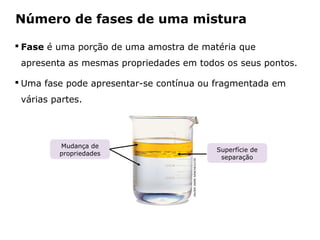 Número de fases de uma mistura

 Fase é uma porção de uma amostra de matéria que
 apresenta as mesmas propriedades em todos os seus pontos.

 Uma fase pode apresentar-se contínua ou fragmentada em
 várias partes.




         Mudança de
                                                                           Superfície de
         propriedades
                                                                            separação




                                                JAVIER JAIME SÁNCHEZ/CID




            Capítulo 2 – Substâncias químicas
 