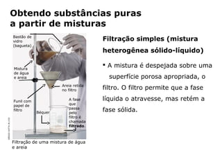Obtendo substâncias puras
                   a partir de misturas
                       Bastão de
                       vidro                                          Filtração simples (mistura
                       (bagueta)
                                                                      heterogênea sólido-líquido)

                       Mistura
                                                                       A mistura é despejada sobre uma
                       de água
                       e areia                                              superfície porosa apropriada, o
                                               Areia retida
                                               no filtro              filtro. O filtro permite que a fase

                       Funil com                   A fase             líquida o atravesse, mas retém a
                       papel de                    que
                       filtro
                                   Béquer
                                                   passa
                                                   pelo
                                                                      fase sólida.
                                                   filtro é
SÉRGIO DOTTA JR./CID




                                                   chamada
                                                   filtrado.



                       Filtração de uma mistura de água
                       e areia

                                        Capítulo 2 – Substâncias químicas
 