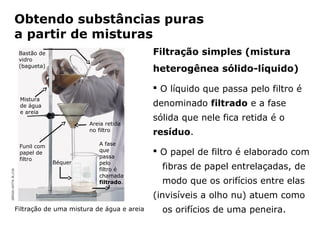 Obtendo substâncias puras
                   a partir de misturas
                        Bastão de                                        Filtração simples (mistura
                        vidro
                        (bagueta)
                                                                         heterogênea sólido-líquido)

                                                                          O líquido que passa pelo filtro é
                        Mistura
                        de água                                          denominado filtrado e a fase
                        e areia
                                                                         sólida que nele fica retida é o
                                                Areia retida
                                                no filtro
                                                                         resíduo.
                        Funil com                   A fase
                        papel de                    que
                                                    passa
                                                                          O papel de filtro é elaborado com
                        filtro
                                    Béquer          pelo
                                                    filtro é                 fibras de papel entrelaçadas, de
SÉRGIO DOTTA JR./CID




                                                    chamada
                                                    filtrado.                modo que os orifícios entre elas
                                                                         (invisíveis a olho nu) atuem como
                       Filtração de uma mistura de água e areia              os orifícios de uma peneira.

                                         Capítulo 2 – Substâncias químicas
 