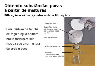 Obtendo substâncias puras
a partir de misturas
Filtração a vácuo (acelerando a filtração)

                                         Papel de filtro

                                        Superfície cheia
 Uma mistura de farinha                de furos na qual
                                        se encaixa o papel
                                        de filtro
 de trigo e água demora
                                       Funil de Büchner
 muito mais para ser
 filtrada que uma mistura
                                         Rolha de borracha
 de areia e água.
                                         Kitassato
                                         (é um erlenmeyer
                                         com uma saída lateral)




           Capítulo 2 – Substâncias químicas
 