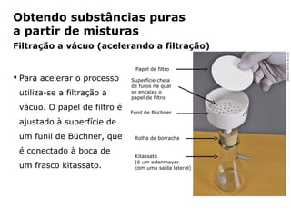 Obtendo substâncias puras
a partir de misturas
Filtração a vácuo (acelerando a filtração)

                                           Papel de filtro
 Para acelerar o processo               Superfície cheia
                                         de furos na qual
 utiliza-se a filtração a                se encaixa o
                                         papel de filtro

 vácuo. O papel de filtro é
                                         Funil de Büchner

 ajustado à superfície de
 um funil de Büchner, que                  Rolha de borracha

 é conectado à boca de
                                           Kitassato
                                           (é um erlenmeyer
 um frasco kitassato.                      com uma saída lateral)




             Capítulo 2 – Substâncias químicas
 