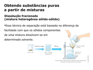 Obtendo substâncias puras
a partir de misturas
Dissolução fracionada
(mistura heterogênea sólido-sólido)

Essa técnica de separação está baseada na diferença de
facilidade com que os sólidos componentes
de uma mistura dissolvem-se em
determinado solvente.




           Capítulo 2 – Substâncias químicas
 