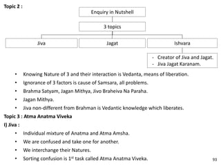 Topic 2 :
Enquiry in Nutshell
Jiva Jagat Ishvara
3 topics
- Creator of Jiva and Jagat.
- Jiva Jagat Karanam.
• Knowing Nature of 3 and their interaction is Vedanta, means of liberation.
• Ignorance of 3 factors is cause of Samsara, all problems.
• Brahma Satyam, Jagan Mithya, Jivo Braheiva Na Paraha.
• Jagan Mithya.
• Jiva non-different from Brahman is Vedantic knowledge which liberates.
Topic 3 : Atma Anatma Viveka
I) Jiva :
• Individual mixture of Anatma and Atma Amsha.
• We are confused and take one for another.
• We interchange their Natures.
• Sorting confusion is 1st task called Atma Anatma Viveka. 93
 