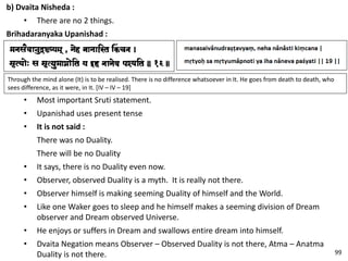 b) Dvaita Nisheda :
• There are no 2 things.
Brihadaranyaka Upanishad :
Through the mind alone (It) is to be realised. There is no difference whatsoever in It. He goes from death to death, who
sees difference, as it were, in It. [IV – IV – 19]
• Most important Sruti statement.
• Upanishad uses present tense
• It is not said :
There was no Duality.
There will be no Duality
• It says, there is no Duality even now.
• Observer, observed Duality is a myth. It is really not there.
• Observer himself is making seeming Duality of himself and the World.
• Like one Waker goes to sleep and he himself makes a seeming division of Dream
observer and Dream observed Universe.
• He enjoys or suffers in Dream and swallows entire dream into himself.
• Dvaita Negation means Observer – Observed Duality is not there, Atma – Anatma
Duality is not there. 99
 