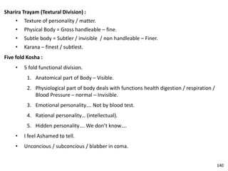 Sharira Trayam (Textural Division) :
• Texture of personality / matter.
• Physical Body = Gross handleable – fine.
• Subtle body = Subtler / invisible / non handleable – Finer.
• Karana – finest / subtlest.
Five fold Kosha :
• 5 fold functional division.
1. Anatomical part of Body – Visible.
2. Physiological part of body deals with functions health digestion / respiration /
Blood Pressure – normal – Invisible.
3. Emotional personality…. Not by blood test.
4. Rational personality… (intellectual).
5. Hidden personality…. We don’t know….
• I feel Ashamed to tell.
• Unconcious / subconcious / blabber in coma.
140
 
