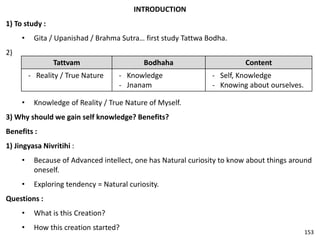 INTRODUCTION
1) To study :
• Gita / Upanishad / Brahma Sutra… first study Tattwa Bodha.
2)
• Knowledge of Reality / True Nature of Myself.
3) Why should we gain self knowledge? Benefits?
Benefits :
1) Jingyasa Nivritihi :
• Because of Advanced intellect, one has Natural curiosity to know about things around
oneself.
• Exploring tendency = Natural curiosity.
Questions :
• What is this Creation?
• How this creation started?
Tattvam Bodhaha Content
- Reality / True Nature - Knowledge
- Jnanam
- Self, Knowledge
- Knowing about ourselves.
153
 