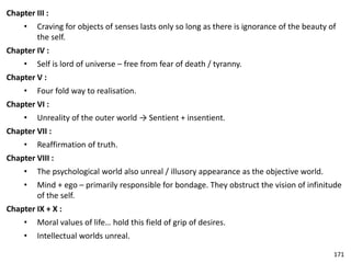 Chapter III :
• Craving for objects of senses lasts only so long as there is ignorance of the beauty of
the self.
Chapter IV :
• Self is lord of universe – free from fear of death / tyranny.
Chapter V :
• Four fold way to realisation.
Chapter VI :
• Unreality of the outer world → Sentient + insentient.
Chapter VII :
• Reaffirmation of truth.
Chapter VIII :
• The psychological world also unreal / illusory appearance as the objective world.
• Mind + ego – primarily responsible for bondage. They obstruct the vision of infinitude
of the self.
Chapter IX + X :
• Moral values of life… hold this field of grip of desires.
• Intellectual worlds unreal.
171
 