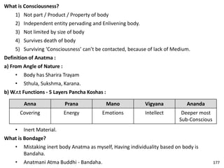 What is Consciousness?
1) Not part / Product / Property of body
2) Independent entity pervading and Enlivening body.
3) Not limited by size of body
4) Survives death of body
5) Surviving ‘Consciousness’ can’t be contacted, because of lack of Medium.
Definition of Anatma :
a) From Angle of Nature :
• Body has Sharira Trayam
• Sthula, Sukshma, Karana.
b) W.r.t Functions - 5 Layers Pancha Koshas :
Anna Prana Mano Vigyana Ananda
Covering Energy Emotions Intellect Deeper most
Sub-Conscious
• Inert Material.
What is Bondage?
• Mistaking inert body Anatma as myself, Having individuality based on body is
Bandaha.
• Anatmani Atma Buddhi - Bandaha. 177
 