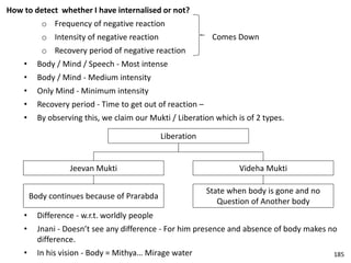 How to detect whether I have internalised or not?
o Frequency of negative reaction
o Intensity of negative reaction
o Recovery period of negative reaction
• Body / Mind / Speech - Most intense
• Body / Mind - Medium intensity
• Only Mind - Minimum intensity
• Recovery period - Time to get out of reaction –
• By observing this, we claim our Mukti / Liberation which is of 2 types.
Comes Down
Jeevan Mukti
Liberation
Videha Mukti
Body continues because of Prarabda
State when body is gone and no
Question of Another body
• Difference - w.r.t. worldly people
• Jnani - Doesn’t see any difference - For him presence and absence of body makes no
difference.
• In his vision - Body = Mithya… Mirage water 185
 