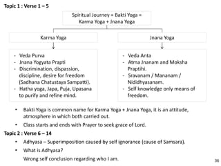 Topic 1 : Verse 1 – 5
Spiritual Journey = Bakti Yoga =
Karma Yoga + Jnana Yoga
Jnana Yoga
- Veda Anta
- Atma Jnanam and Moksha
Praptihi.
- Sravanam / Mananam /
Nididhyasanam.
- Self knowledge only means of
freedom.
Karma Yoga
- Veda Purva
- Jnana Yogyata Prapti
- Discrimination, dispassion,
discipline, desire for freedom
(Sadhana Chatustaya Sampatti).
- Hatha yoga, Japa, Puja, Upasana
to purify and refine mind.
• Bakti Yoga is common name for Karma Yoga + Jnana Yoga, it is an attitude,
atmosphere in which both carried out.
• Class starts and ends with Prayer to seek grace of Lord.
Topic 2 : Verse 6 – 14
• Adhyasa – Superimposition caused by self ignorance (cause of Samsara).
• What is Adhyasa?
Wrong self conclusion regarding who I am. 36
 