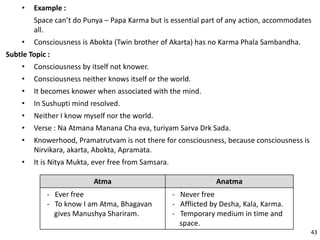 • Example :
Space can’t do Punya – Papa Karma but is essential part of any action, accommodates
all.
• Consciousness is Abokta (Twin brother of Akarta) has no Karma Phala Sambandha.
Subtle Topic :
• Consciousness by itself not knower.
• Consciousness neither knows itself or the world.
• It becomes knower when associated with the mind.
• In Sushupti mind resolved.
• Neither I know myself nor the world.
• Verse : Na Atmana Manana Cha eva, turiyam Sarva Drk Sada.
• Knowerhood, Pramatrutvam is not there for consciousness, because consciousness is
Nirvikara, akarta, Abokta, Apramata.
• It is Nitya Mukta, ever free from Samsara.
Atma Anatma
- Ever free
- To know I am Atma, Bhagavan
gives Manushya Shariram.
- Never free
- Afflicted by Desha, Kala, Karma.
- Temporary medium in time and
space.
43
 