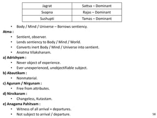 • Body / Mind / Universe – Borrows sentiency.
Atma :
• Sentient, observer.
• Lends sentiency to Body / Mind / World.
• Converts inert Body / Mind / Universe into sentient.
• Anatma Vilakshanam.
a) Adrishyam :
• Never object of experience.
• Ever unexperienced, unobjectifiable subject.
b) Abautikam :
• Nonmaterial.
c) Agunam / Nirgunam :
• Free from attributes.
d) Nirvikaram :
• Changeless, Kutastam.
e) Anagama Pahitvam :
• Witness of all arrival + departures.
• Not subject to arrival / departure.
Jagrat Sattva – Dominant
Svapna Rajas – Dominant
Sushupti Tamas – Dominant
58
 