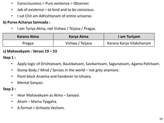 • Consciousness = Pure existence = Observer.
• Job of existence – to lend and to be conscious.
• I sat Chit am Adhishtanam of entire universe.
b) Purva Acharya Samvada :
• I am Turiya Atma, not Vishwa / Teijasa / Pragya.
c) Mahavakyam : Verses 19 – 53
Step 1 :
• Apply logic of Drishtatvam, Bautikatvam, Savikaritvam, Sagunatvam, Agama Pahitvam.
• Dump Body / Mind / Senses in the world – not grey anymore.
• Paint black Anatma and handover to Ishvara.
• Mental Sanyasi.
Step 2 :
• Hear Mahavakyam as Atma – Sanyasi.
• Aham – Mama Tyagaha.
• ∆ format = Grihasta Vesham.
Karana Atma Karya Atma I am Turiyam
Pragya Vishwa / Teijasa Karana Karya Vilakshanam
70
 