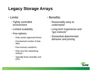 19
Legacy Storage Arrays
• Limits:
‒ Tightly controlled
environment
‒ Limited scalability
‒ Few options
‒ Only certain approved drives
‒ Constrained number of disk
slots
‒ Few memory variations
‒ Only very few networking
choices
‒ Typically fixed controller and
CPU
• Benefits:
‒ Reasonably easy to
understand
‒ Long-term experience and
“gut instincts”
‒ Somewhat deterministic
behavior and pricing
 