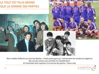 On interprète ainsi les phénomènes d'auto-organisa5on chez les
insectes sociaux à la lumière de quatre mécanismes principaux :
• L'existence d'interac$ons mul$ples.
• L'ampliﬁca$on par la rétroac$on posi$ve.
• La rétroac$on néga$ve.
• L'ampliﬁca$on des ﬂuctua$ons.
Auto-organisation
 