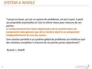 • L’AUTO-ORGANISATION fait référence à un processus dans
lequel l'organisa9on interne d'un système,
habituellement un système hors équilibre, augmente
automa$quement sans être dirigée par une source
extérieure.
• Typiquement, les systèmes auto-organisés ont souvent
des PROPRIÉTÉS ÉMERGENTES.
 