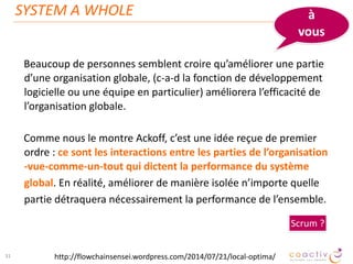 • L’organisa$on émergente ne provient pas de forces
extérieures (même si le système reste ouvert sur son
environnement) mais de L’INTERACTION de ses éléments.
• Si on applique ce concept à l’étude des sociétés, cela
signiﬁe qu’en plus du principe régulateur, il n’y a ni leader,
ni centre organisateur, ni programma$on au niveau
individuel d’un projet global.
 