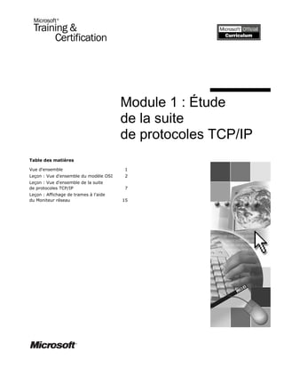 Table des matières
Vue d'ensemble 1
Leçon : Vue d'ensemble du modèle OSI 2
Leçon : Vue d'ensemble de la suite
de protocoles TCP/IP 7
Leçon : Affichage de trames à l'aide
du Moniteur réseau 15
Module 1 : Étude
de la suite
de protocoles TCP/IP
 