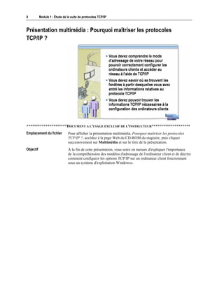 8 Module 1 : Étude de la suite de protocoles TCP/IP
Présentation multimédia : Pourquoi maîtriser les protocoles
TCP/IP ?
*********************DOCUMENT A L'USAGE EXCLUSIF DE L'INSTRUCTEUR********************
Pour afficher la présentation multimédia, Pourquoi maîtriser les protocoles
TCP/IP ?, accédez à la page Web du CD-ROM du stagiaire, puis cliquez
successivement sur Multimédia et sur le titre de la présentation.
À la fin de cette présentation, vous serez en mesure d'expliquer l'importance
de la compréhension des modèles d'adressage de l'ordinateur client et de décrire
comment configurer les options TCP/IP sur un ordinateur client fonctionnant
sous un système d'exploitation Windows®.
Emplacement du fichier
Objectif
 
