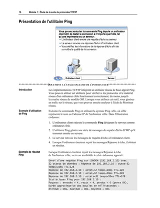 16 Module 1 : Étude de la suite de protocoles TCP/IP
Présentation de l'utilitaire Ping
*********************DOCUMENT A L'USAGE EXCLUSIF DE L'INSTRUCTEUR********************
Les implémentations TCP/IP intègrent un utilitaire réseau de base appelé Ping.
Vous pouvez utiliser cet utilitaire pour vérifier si les protocoles et le matériel
réseau d'un ordinateur cible fonctionnent correctement, du moins jusqu'à
la couche réseau du modèle OSI. Lorsque vous utilisez cet outil, vous générez
un trafic sur le réseau, que vous pouvez ensuite analyser à l'aide du Moniteur
réseau.
Exécutez la commande Ping en utilisant la syntaxe Ping cible, où cible
représente le nom ou l'adresse IP de l'ordinateur cible. Dans l'illustration
ci-dessus :
1. L'ordinateur client exécute la commande Ping désignant le serveur comme
ordinateur cible.
2. L'utilitaire Ping génère une série de messages de requête d'écho ICMP qu'il
transmet ensuite au serveur.
3. Le serveur renvoie les messages de requête d'écho à l'ordinateur client.
4. Lorsque l'ordinateur émetteur reçoit les messages Réponse à écho, il obtient
un résultat.
Lorsque l'ordinateur émetteur reçoit les messages Réponse à écho
de l'ordinateur cible, un écran semblable à celui ci-dessous apparaît :
Envoi d'une requête Ping sur LONDON (192.168.2.10) avec
32 octets de données : Réponse de 192.168.2.10 : octet=32
temps<10ms TTL=128
Réponse de 192.168.2.10 : octet=32 temps<10ms TTL=128
Réponse de 192.168.2.10 : octet=32 temps<10ms TTL=128
Réponse de 192.168.2.10 : octets=32 temps<10ms TTL=128
Statistiques Ping pour 192.168.2.10 :
Paquets : envoyés = 4, reçus = 4, perdus = 0 (perte 0%),
Durée approximative des boucles en millisecondes :
minimum = 0ms, maximum = 0ms, moyenne = 0ms
Introduction
Exemple d'utilisation
de Ping
Exemple de résultat
Ping
 