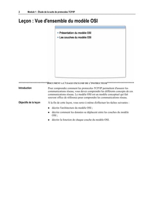 2 Module 1 : Étude de la suite de protocoles TCP/IP
Leçon : Vue d'ensemble du modèle OSI
*********************DOCUMENT A L'USAGE EXCLUSIF DE L'INSTRUCTEUR********************
Pour comprendre comment les protocoles TCP/IP permettent d'assurer les
communications réseau, vous devez comprendre les différents concepts de ces
communications réseau. Le modèle OSI est un modèle conceptuel qui fait
souvent office de référence pour comprendre les communications réseau.
À la fin de cette leçon, vous serez à même d'effectuer les tâches suivantes :
! décrire l'architecture du modèle OSI ;
! décrire comment les données se déplacent entre les couches du modèle
OSI ;
! décrire la fonction de chaque couche du modèle OSI.
Introduction
Objectifs de la leçon
 