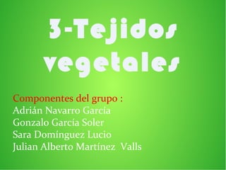 3-Tejidos
       vegetales
Componentes del grupo :
Adrián Navarro García
Gonzalo García Soler
Sara Domínguez Lucio
Julian Alberto Martínez Valls
 