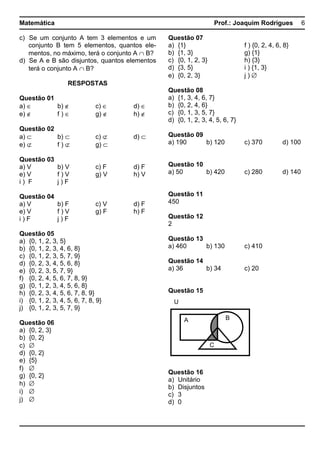 Matemática Prof.: Joaquim Rodrigues 6
c) Se um conjunto A tem 3 elementos e um
conjunto B tem 5 elementos, quantos ele-
mentos, no máximo, terá o conjunto A ∩ B?
d) Se A e B são disjuntos, quantos elementos
terá o conjunto A ∩ B?
RESPOSTAS
Questão 01
a) ∈ b) ∉ c) ∈ d) ∈
e) ∉ f ) ∈ g) ∉ h) ∉
Questão 02
a) ⊂ b) ⊂ c) ⊄ d) ⊂
e) ⊄ f ) ⊄ g) ⊂
Questão 03
a) V b) V c) F d) F
e) V f ) V g) V h) V
i ) F j ) F
Questão 04
a) V b) F c) V d) F
e) V f ) V g) F h) F
i ) F j ) F
Questão 05
a) {0, 1, 2, 3, 5}
b) {0, 1, 2, 3, 4, 6, 8}
c) {0, 1, 2, 3, 5, 7, 9}
d) {0, 2, 3, 4, 5, 6, 8}
e) {0, 2, 3, 5, 7, 9}
f) {0, 2, 4, 5, 6, 7, 8, 9}
g) {0, 1, 2, 3, 4, 5, 6, 8}
h) {0, 2, 3, 4, 5, 6, 7, 8, 9}
i) {0, 1, 2, 3, 4, 5, 6, 7, 8, 9}
j) {0, 1, 2, 3, 5, 7, 9}
Questão 06
a) {0, 2, 3}
b) {0, 2}
c) ∅
d) {0, 2}
e) {5}
f) ∅
g) {0, 2}
h) ∅
i) ∅
j) ∅
Questão 07
a) {1} f ) {0, 2, 4, 6, 8}
b) {1, 3} g) {1}
c) {0, 1, 2, 3} h) {3}
d) {3, 5} i ) {1, 3}
e) {0, 2, 3} j ) ∅
Questão 08
a) {1, 3, 4, 6, 7}
b) {0, 2, 4, 6}
c) {0, 1, 3, 5, 7}
d) {0, 1, 2, 3, 4, 5, 6, 7}
Questão 09
a) 190 b) 120 c) 370 d) 100
Questão 10
a) 50 b) 420 c) 280 d) 140
Questão 11
450
Questão 12
2
Questão 13
a) 460 b) 130 c) 410
Questão 14
a) 36 b) 34 c) 20
Questão 15
Questão 16
a) Unitário
b) Disjuntos
c) 3
d) 0
U
A B
C
 