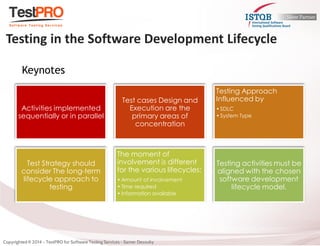 Activities implemented sequentially or in parallel 
Test cases Design and Execution are the primary areas of concentration 
Testing Approach Influenced by 
•SDLC 
•System Type 
Test Strategy should consider The long-term lifecycle approach to testing 
The moment of involvement is different for the various lifecycles: 
•Amount of involvement 
•Time required 
•Information available 
Testing activities must be aligned with the chosen software development lifecycle model. 
Testing in the Software Development Lifecycle 
Keynotes  