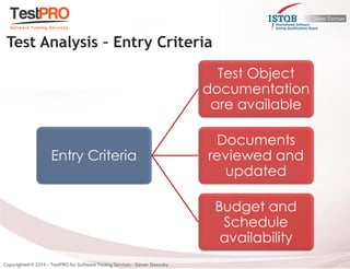 Entry Criteria 
Test Object documentation are available 
Documents reviewed and updated 
Budget and Schedule availability 
Test Analysis – Entry Criteria  