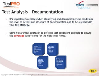 •It’s important to choices when identifying and documenting test conditions the level of details and structure of documentation and to be aligned with your test strategy. 
•Using hierarchical approach to defining test conditions can help to ensure the coverage is sufficient for the high-level items. 
Test Analysis - Documentation  