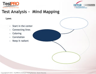 Laws 
•Start in the center 
•Connecting lines 
•Coloring 
•Correlation 
•Keep it radiant 
Test Analysis - Mind Mapping  